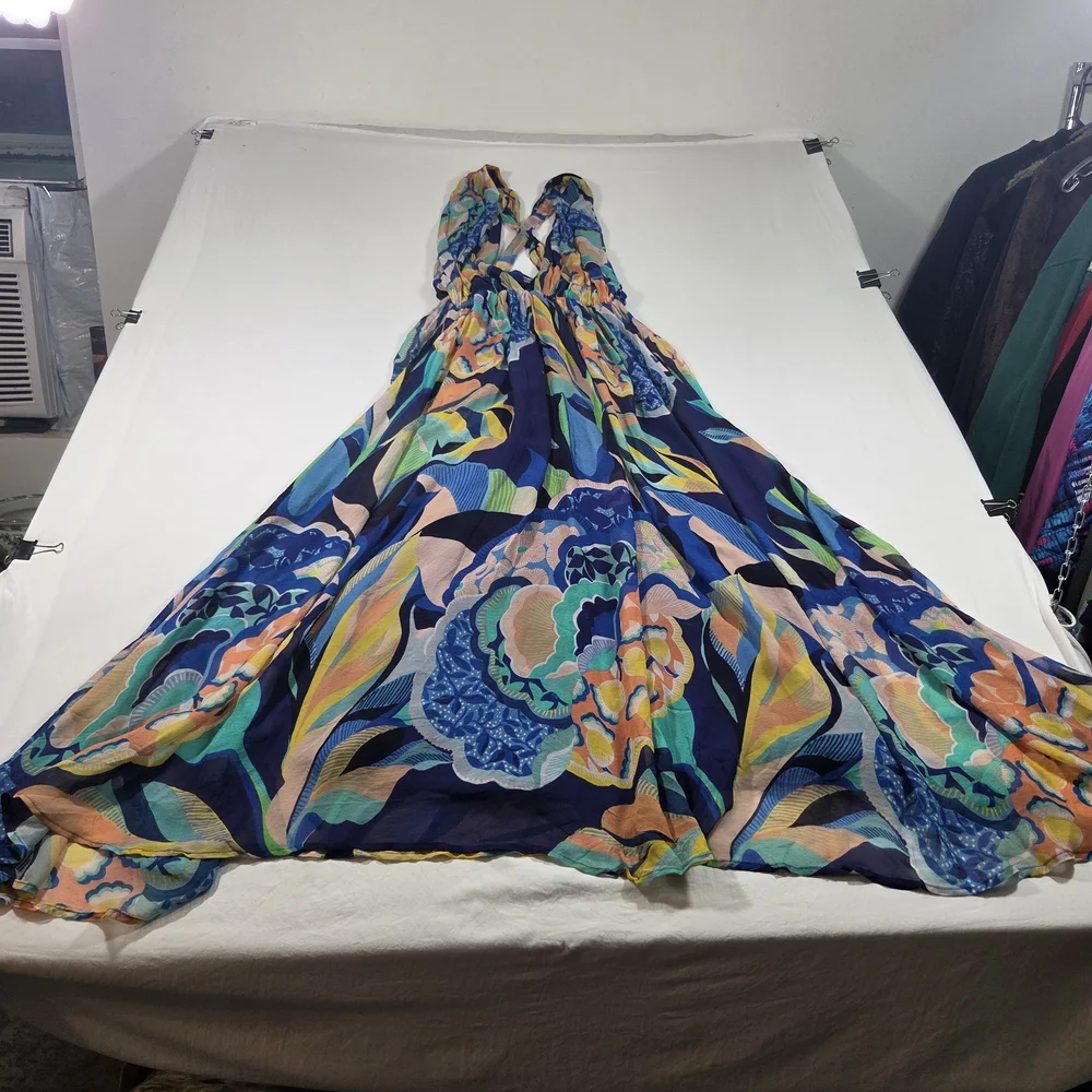 Alexander Farmer Anthropologie Multicolor Maxi Halter Maxi Dress Cross-Back XL - Picture 2 of 12